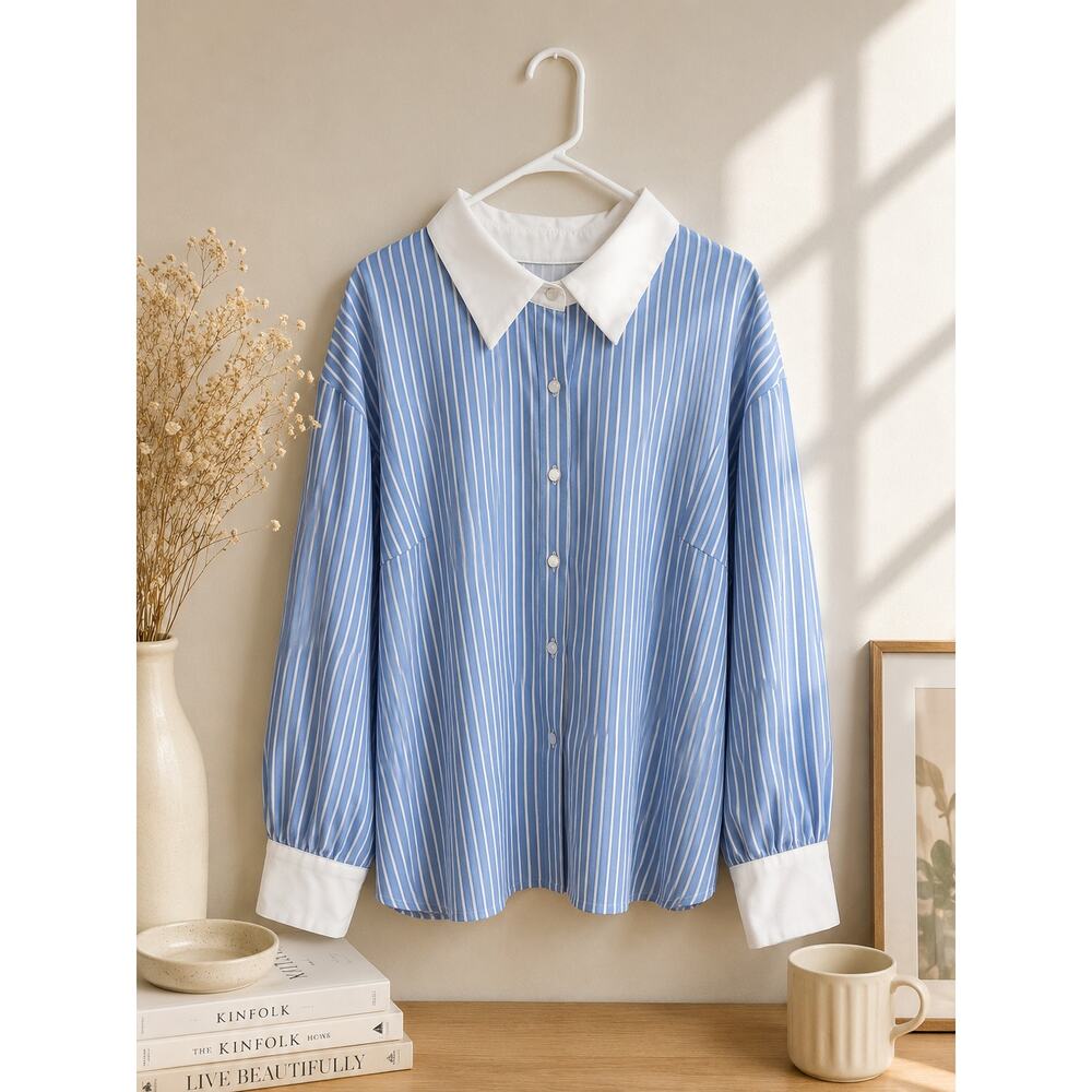 Blue & White Striped Collared Button Front Blouse 4XL